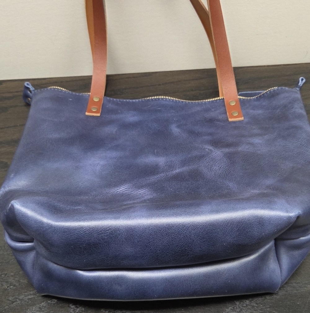 Portland Leather Navy Tote with Tan Straps - Picture 2 of 6
